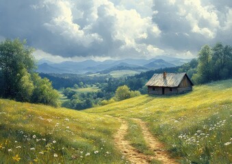 Serene Madeira Countryside Landscape Aerial View with Lush Green Hills Cozy Cabin Ocean Backdrop