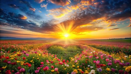 Fototapeta premium Radiant Sunset Over a Vibrant Wildflower Meadow, a Serene and Colorful Landscape Painting