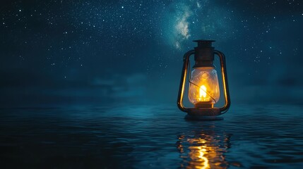 Lantern Illuminates Calm Water Under Starry Night Sky