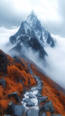 Majestic Mountain Peak Above Cloudscape, Autumnal Trail