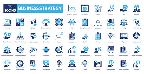 business strategy fill icon collection set. Includes partnership,target,employment,trade,deal,contract,plan,marketing, project, idea