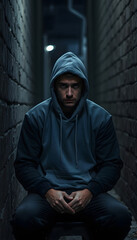 Depression, social isolation, loneliness, mental health and discrimination concept. Sad, lonely, depressed and unhappy man. Hooded person sitting in dark alley, with white tones