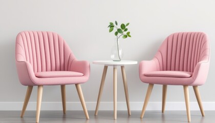 Fototapeta premium Paired pink lounge armchairs embracing serene minimalist elegance
