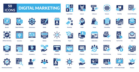 digital marketing fill icon collection set. Includes selling, trade, promotion, purchase, retail, traffic, commerce, digital, technology, network, tech, concept