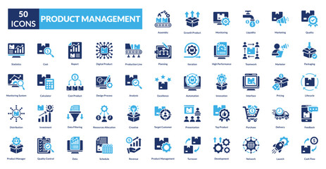 product management fill icon collection set. Includes produce, good, production, chemical, harvest, development, organization, leadership, employment, performance, boss, executive, achievement