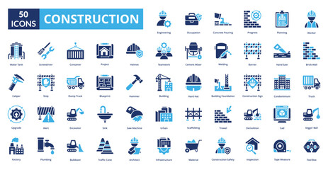 Construction fill icon collection set. Includes manufacturing, plan, production, structure, construct, tower, build, industry