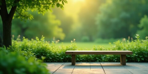 Naklejka premium Serene park bench scene at golden hour, surrounded by lush greenery and bathed in warm sunlight, creating a peaceful and tranquil atmosphere.