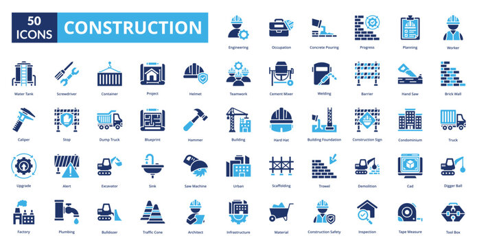 Construction fill icon collection set. Includes manufacturing, plan, production, structure, construct, tower, build, industry
