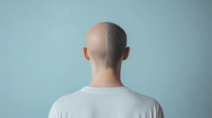 Unique Bald Head with Artistic Hair Design Against Blue Background