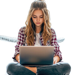 Naklejka premium A young woman sitting cross-legged, focused on her laptop while working or studying.