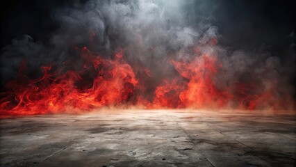 Dark concrete floor with faint cracks and red smoke rising from the edges, conveying a sense of intense heat and energy, ash