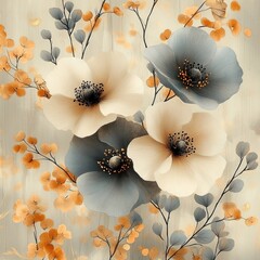 Floral Geometric Abstract Watercolor Pattern in Gray with Gold Accents Seamless Design