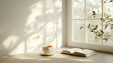 Cozy Reading Nook with Coffee and Open Book by Window
