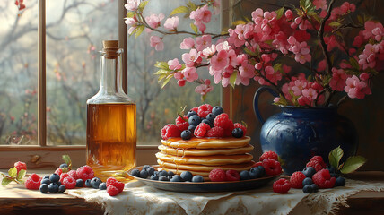 Delicious pancakes topped with fresh berries and syrup, surrounded by flowers