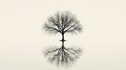 Fototapeta premium Solitary Tree with Reflection in Calm Water Against White Background