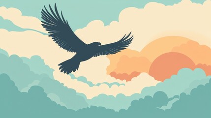 Majestic Bird Soaring Against Colorful Sunrise Background