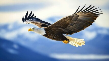 Obraz premium Majestic Bald Eagle in Flight Against a Soft Sky Background