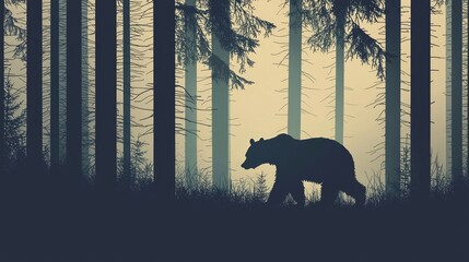 Silhouette of Bear Walking Through Misty Forest at Twilight