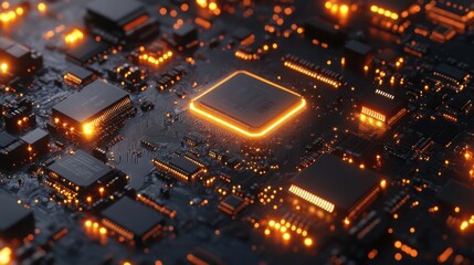 Illuminated Microchip Circuit Board Close up of glowing components and central processor