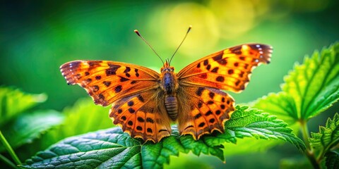 Obraz premium Polygonia c-album Butterfly Bokeh Photography: Macro Shot of a Beautiful Comma Butterfly on a Green Leaf