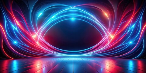 Obraz premium Abstract Neon Light Trails Swirling Around a Dark Stage with Reflective Floor
