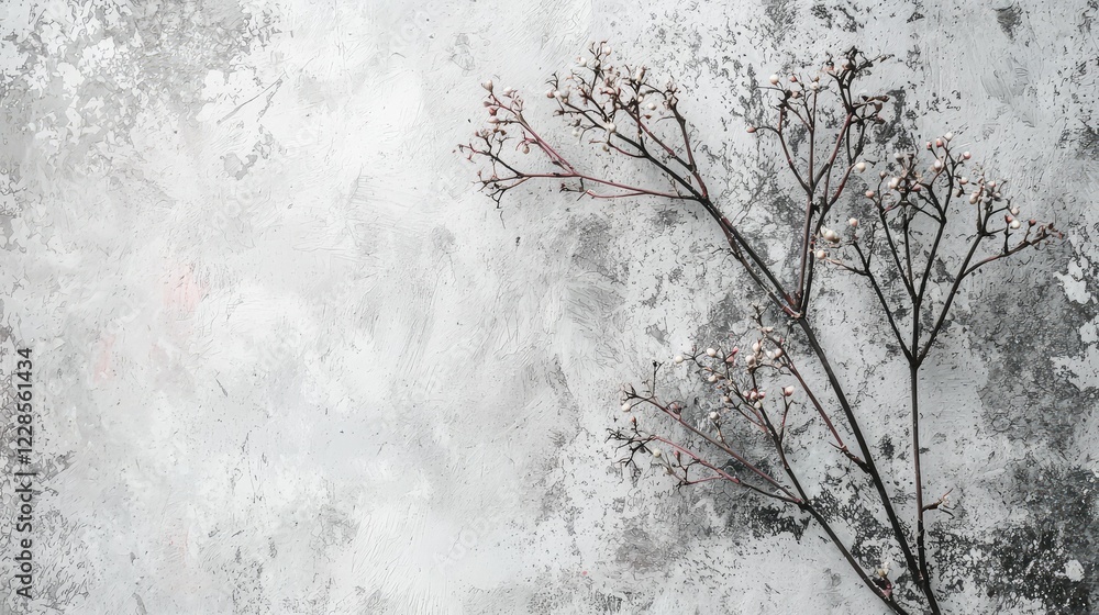 Poster delicate branch with white berries on rustic textured background