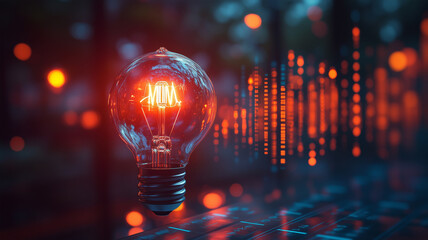 glowing light bulb with warm filament, surrounded by digital data patterns, symbolizes innovation and creativity