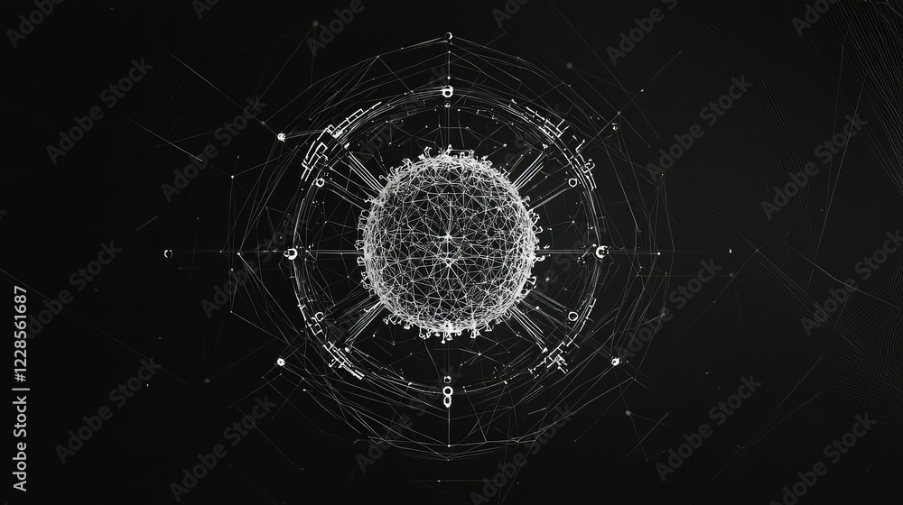 Poster abstract digital sphere with lines and dots over dark background