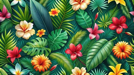 Fototapeta premium Vibrant tropical seamless pattern featuring lush palm leaves and colorful exotic flowers, set against a warm and inviting green background , greenbackground, tropicalgetaway