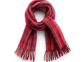 Red and gray plaid wool scarf with fringe, neatly folded on white background.