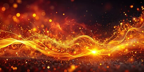 Tiny red particles suspended in mid-air as they dance around a fiery landscape with swirling orange and yellow flames, yellow sparks, fiery landscape