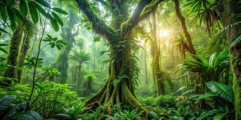 Jungle Tree with Epiphytes, dense, forest,  dense, forest, epiphytic, vines, wild, scenery, natural, flowers, landscape