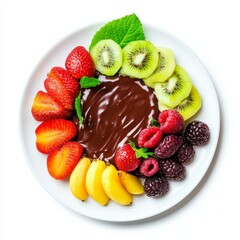 A plate of decadent chocolate fondue with assorted fruits for dipping, isolated white background,...