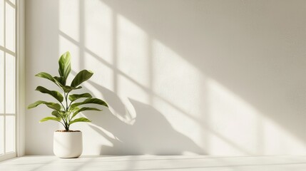 Bright Indoor Scene with Potted Plant and Natural Light Shadows
