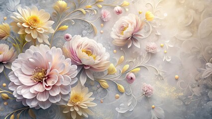 Obraz premium Soft petals unfolding on a muted gray background with swirling abstract flowers in shades of pastel pink and yellow