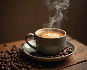 Fototapeta premium Close-Up of a Steaming Coffee Cup in a Cozy Minimalist Setting – Aesthetic Warm Tones, Wooden Table, and Coffee Beans in Extreme Detail, Capturing Rich Aromas and Indulgence in Stunning