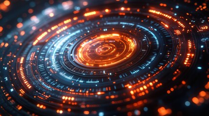 Abstract Futuristic Technology Interface Glowing Circular HUD with Orange and Blue Neon Lights