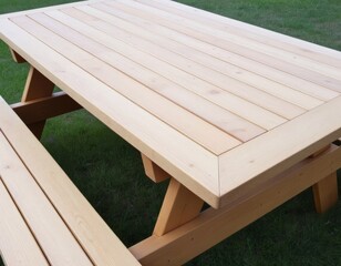Freshly crafted wooden picnic table awaits its first outdoor gathering amidst verdant grass