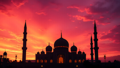 Fototapeta premium Ramadan Background with Mosque Silhouette at Twilight