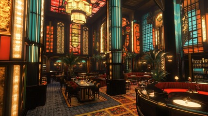 Obraz premium Opulent interior of a restaurant featuring stained glass windows, luxurious furniture and plants