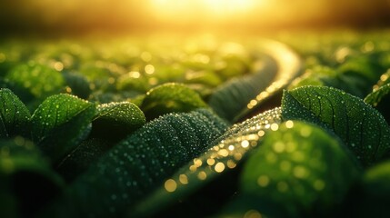 Lush Green Dew Covered Leaves at Sunrise Vibrant Nature Photography