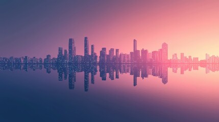 Fototapeta premium Serene Urban Skyline Reflection at Dusk with Vibrant Colors