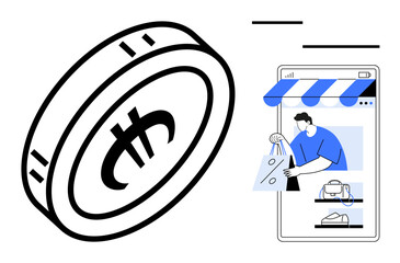 Large coin with currency symbol, person shopping on smartphone storefront. Ideal for e-commerce, digital transactions, fintech, online retail, mobile shopping, virtual currencies, and digital