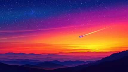 Obraz premium Stunning Sunset Over Mountains with Shooting Star in Vibrant Sky