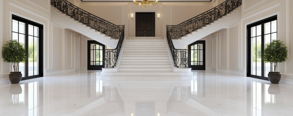 Obraz premium A luxurious foyer featuring a grand staircase, elegant railings, and polished floors, with potted plants and large windows allowing natural light.