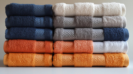 Soft, textured towels stacked in various colors including navy, gray, white, and orange, creating cozy and inviting atmosphere