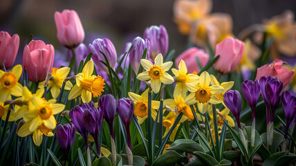 Obraz premium A flower bed with a mix of yellow daffodils, purple crocuses, and pink tulips swaying in the spring breeze