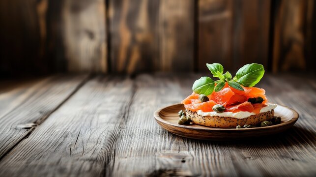 A bagel sandwich filled with cream cheese, smoked salmon, and capers, on rustic wooden kitchen counter.