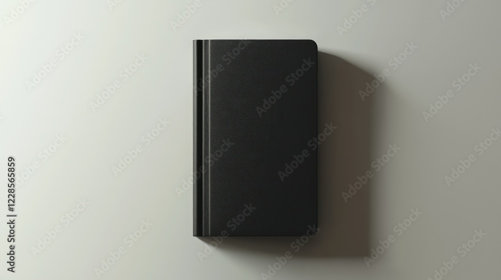 Poster minimalist black notebook on smooth surface with subtle shadowing