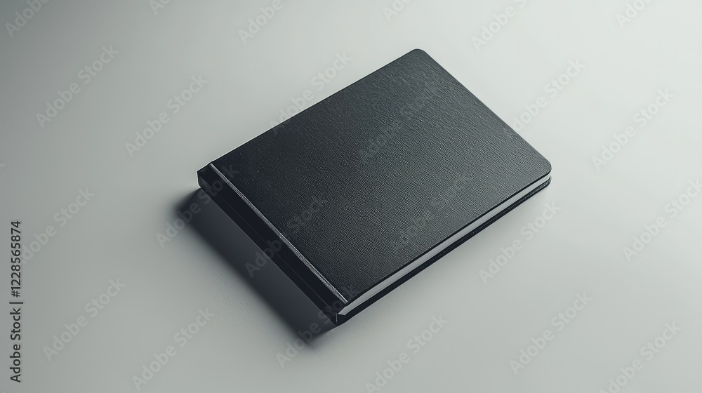 Poster black notebook on a simple grey background with soft shadows